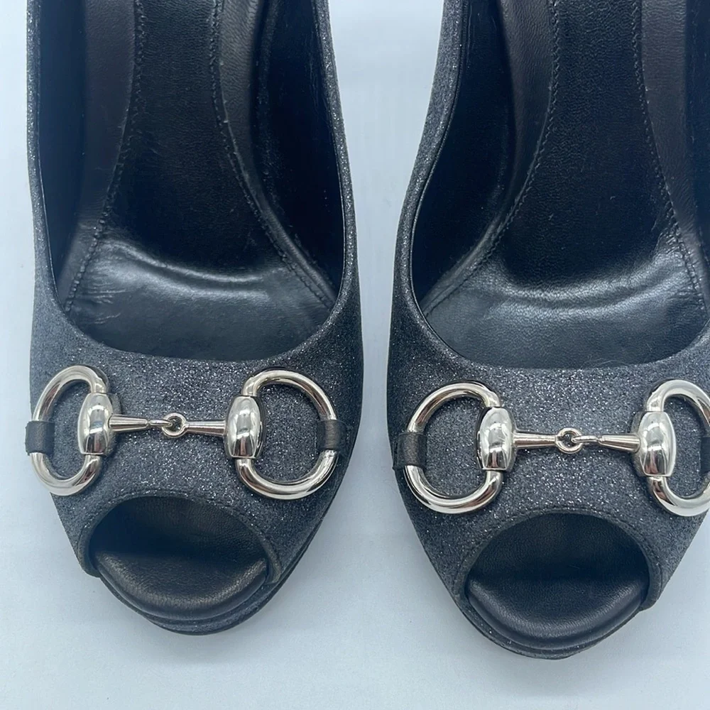 Gucci Black Leather silver glitter peep toe horsebit pumps 37